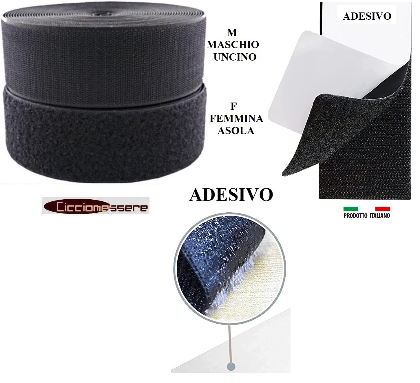 Nastro a Strappo 100mm Velcro ADESIVO NERO Maschio/Uncino+Femmina/Asola  Confezione da 5/Metri