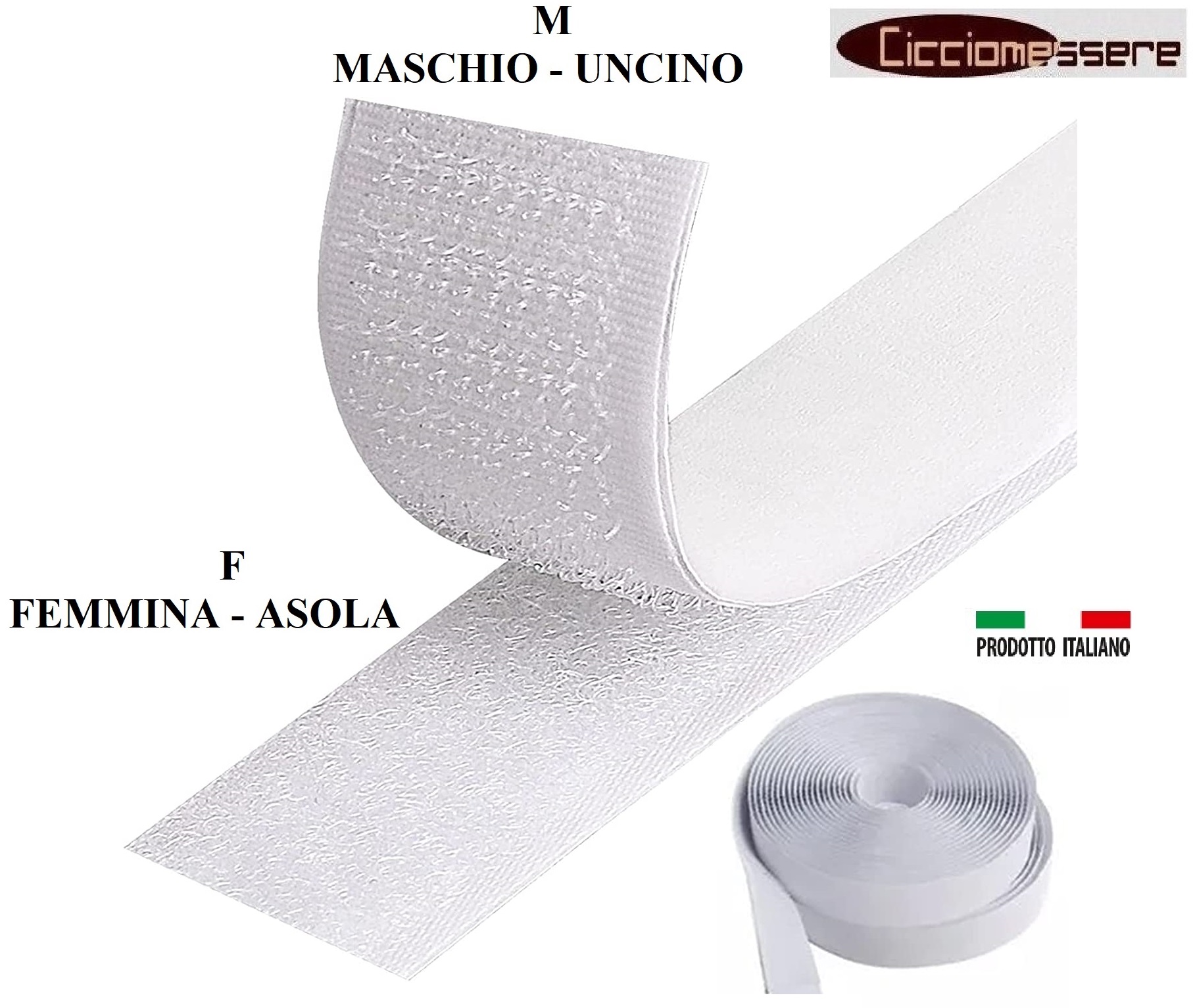 Nastro a Strappo 20mm Velcro ADESIVO BIANCO Maschio/Uncino+Femmina/Asola  Confezione da 5/Metri