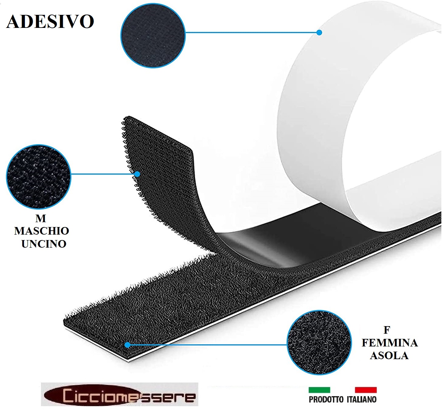 Nastro a Strappo 20mm Velcro ADESIVO NERO Maschio/Uncino+Femmina/Asola  Confezione da 5/Metri