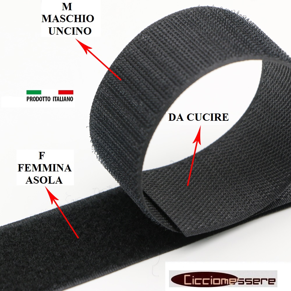 Nastro a Strappo 20mm Velcro DA CUCIRE NERO Maschio/Uncino+Femmina/Asola  Confezione da 5/Metri